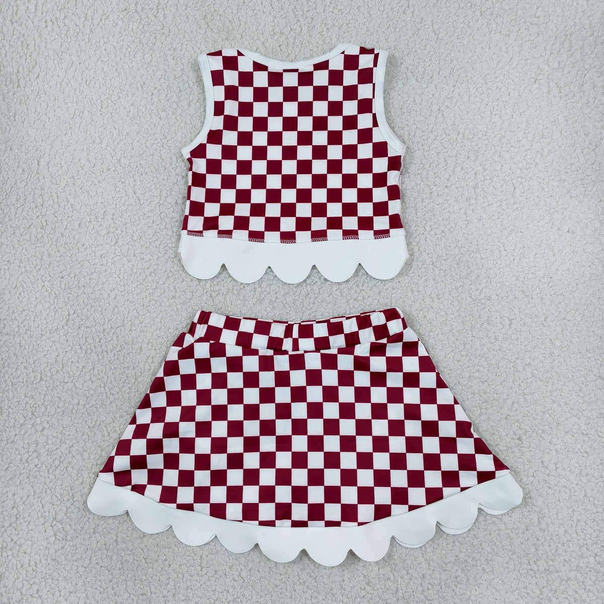 GSD4286 Mascot School Team Dark Red Plaid Bows Scallop Edge Yoga Girls Skorts Set