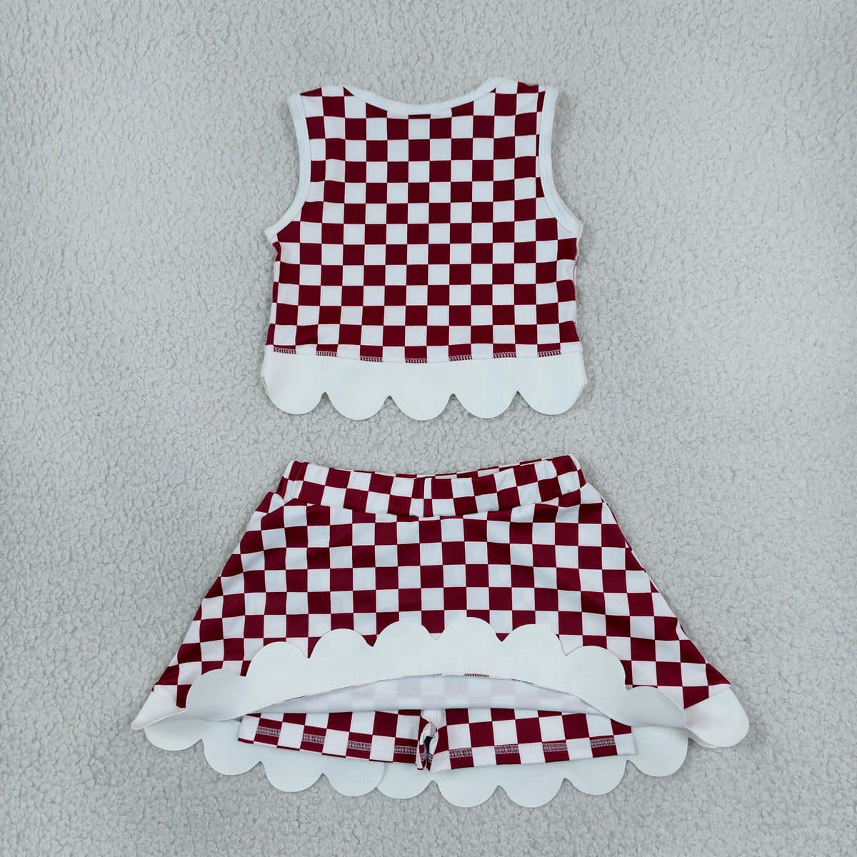 GSD4286 Mascot School Team Dark Red Plaid Bows Scallop Edge Yoga Girls Skorts Set