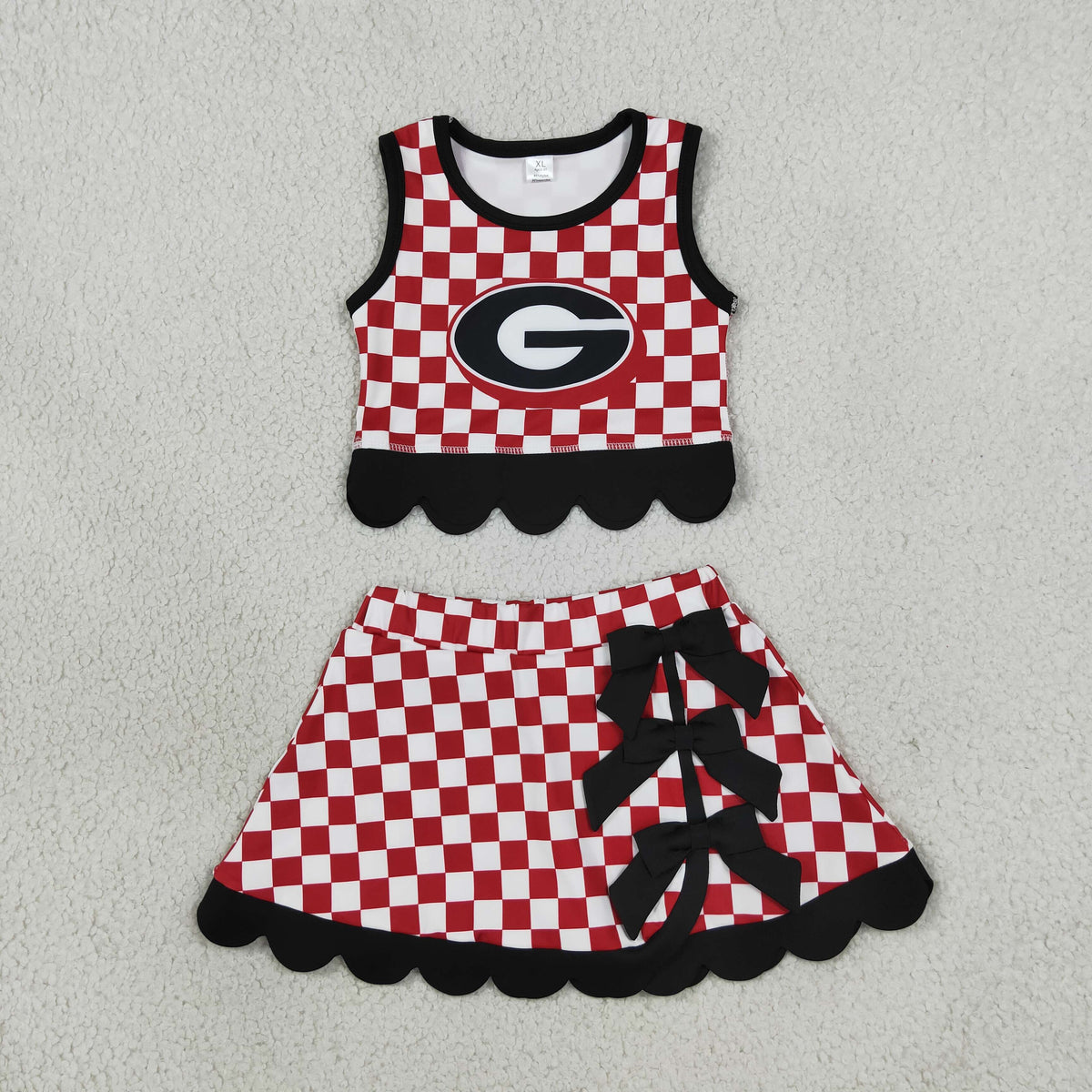 GSD4287 Mascot School Team Plaid Black Bows Scallop Edge Yoga Girls Skorts Set