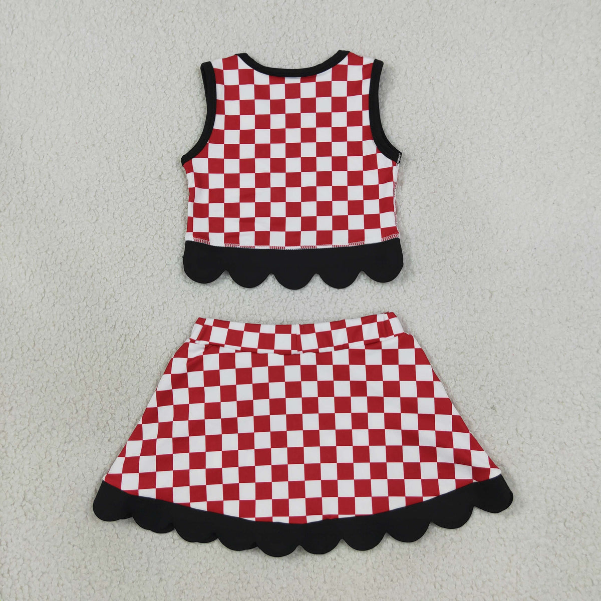 GSD4287 Mascot School Team Plaid Black Bows Scallop Edge Yoga Girls Skorts Set