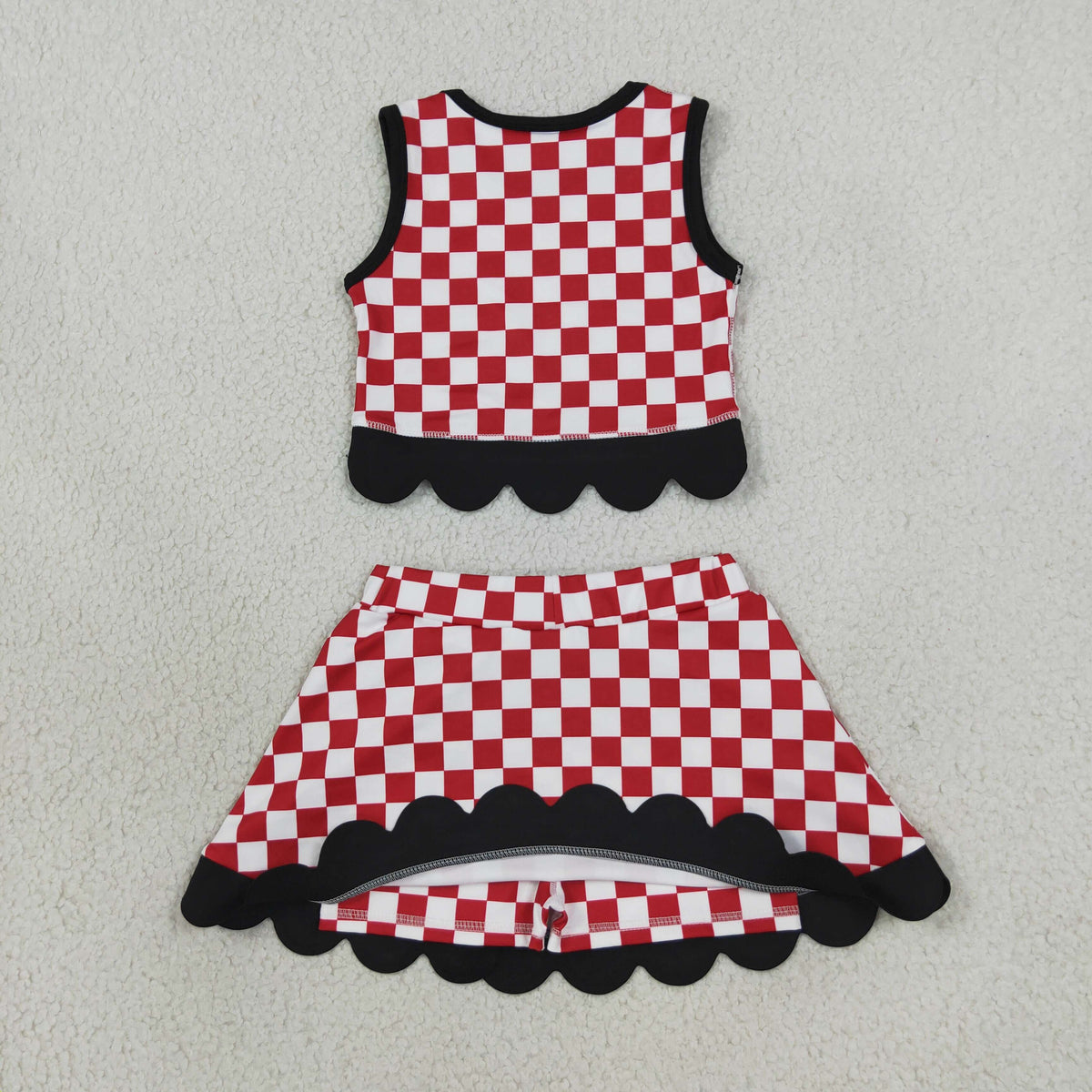 GSD4287 Mascot School Team Plaid Black Bows Scallop Edge Yoga Girls Skorts Set