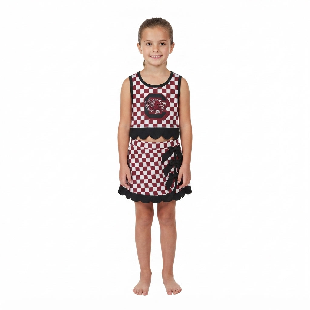 GSD4288 Mascot School Team Plaid Black Bows Scallop Edge Yoga Girls Skorts Set