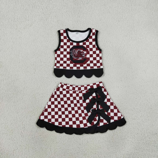 GSD4288 Mascot School Team Plaid Black Bows Scallop Edge Yoga Girls Skorts Set