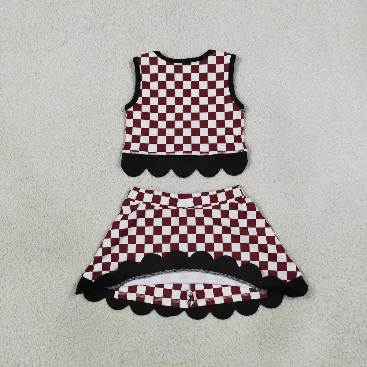 GSD4288 Mascot School Team Plaid Black Bows Scallop Edge Yoga Girls Skorts Set