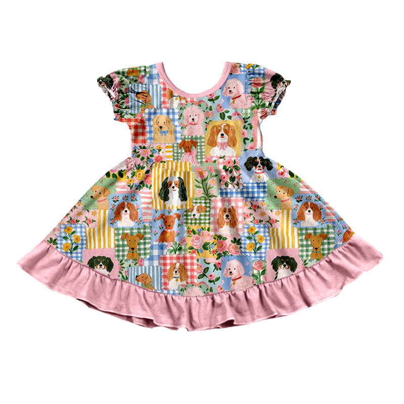 Preorder MOQ 5 pcs GSD4335 Cute Puppy Flower Pink Ruffles Girl's Dress