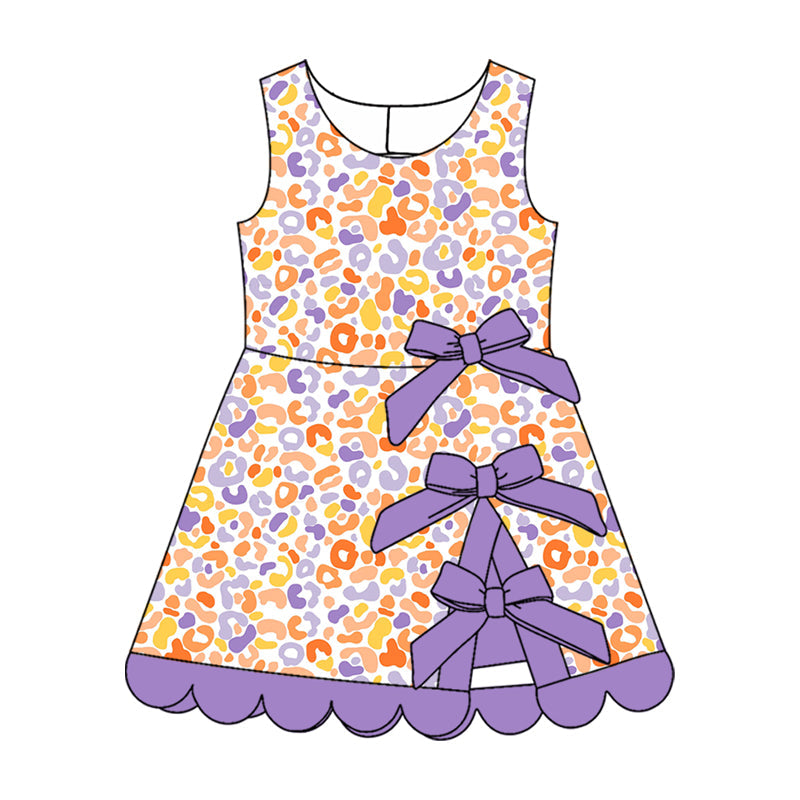 Preorder MOQ 5 pcs Each Style Colorful Leopard Bows Scallop Edge Yoga Girl's Dress Kids Matching Clothes