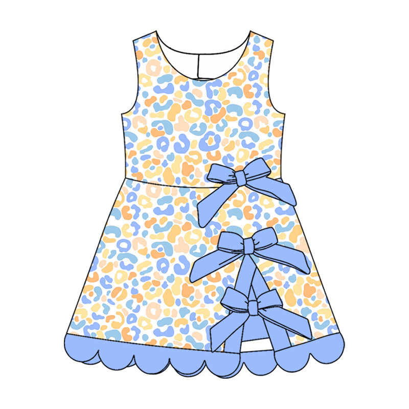 Preorder MOQ 5 pcs Each Style Colorful Leopard Bows Scallop Edge Yoga Girl's Dress Kids Matching Clothes