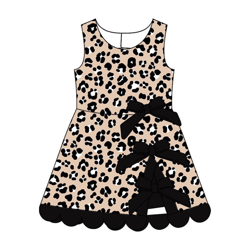 Preorder MOQ 5 pcs Each Style Colorful Leopard Bows Scallop Edge Yoga Girl's Dress Kids Matching Clothes