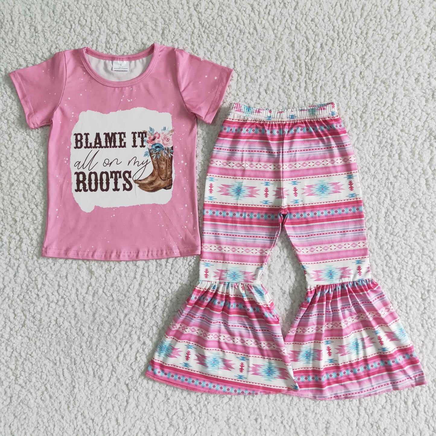 Clearance GSPO0054 Girls pink striped English letter shoes floral short sleeve pants suit