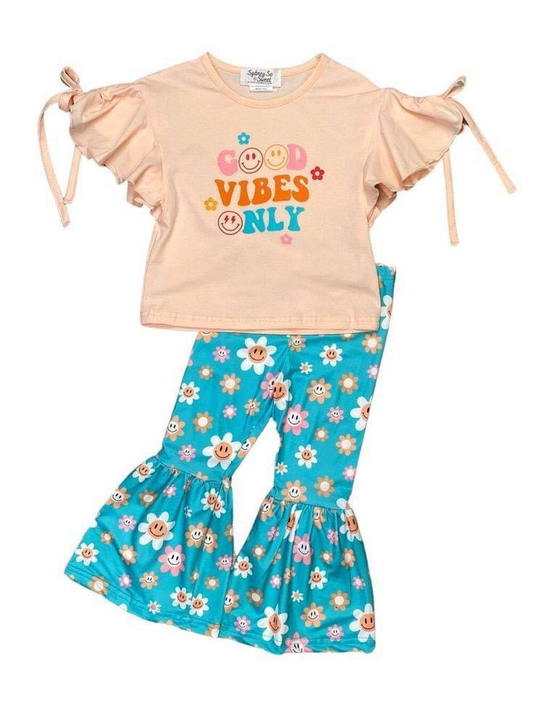 GSPO0637 Good Vibes Only Blue   Girls Short Sleeve Bell Bottom Pants Outfits