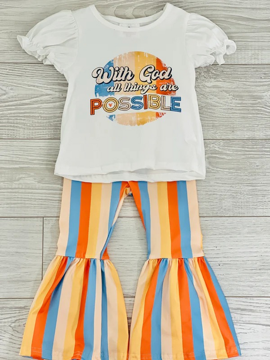 GSPO0684  With God All Things Are Possible Yellow Stripes  Girls Short Sleeve Pants Outfits