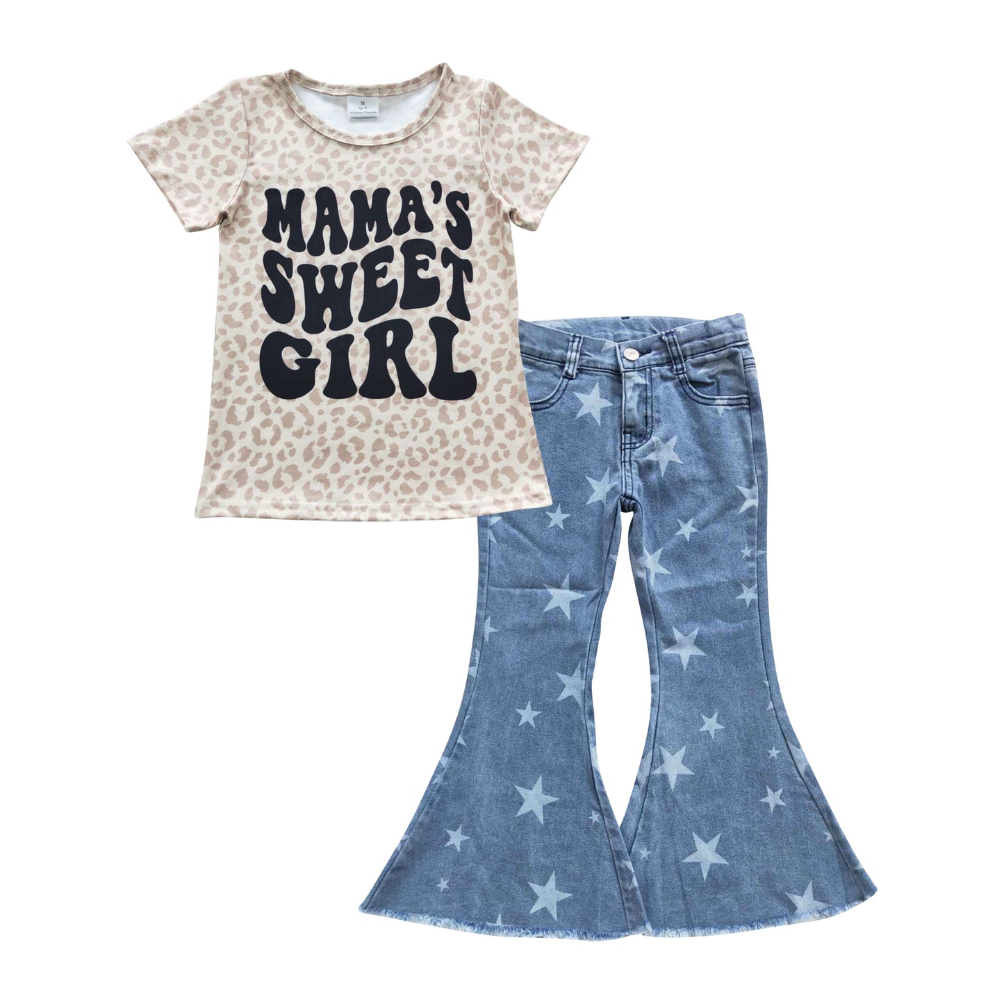 GSPO0690  2Pcs Mama's Sweet Girl Denim Girls Short Sleeve Bell Bottom Pants Outfits