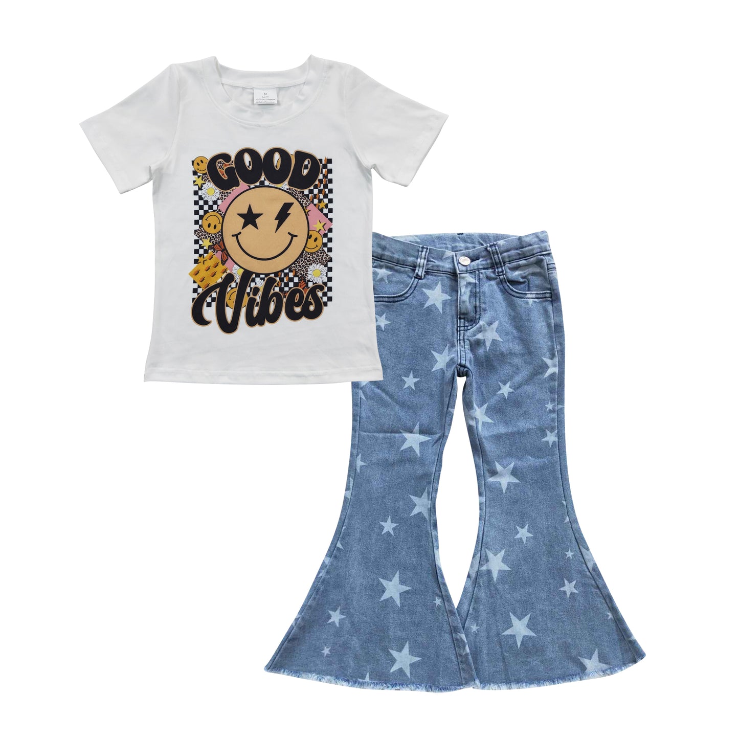 GSPO0691  2Pcs Halloween  Girl Denim Girls Short Sleeve Bell Bottom Pants Outfits