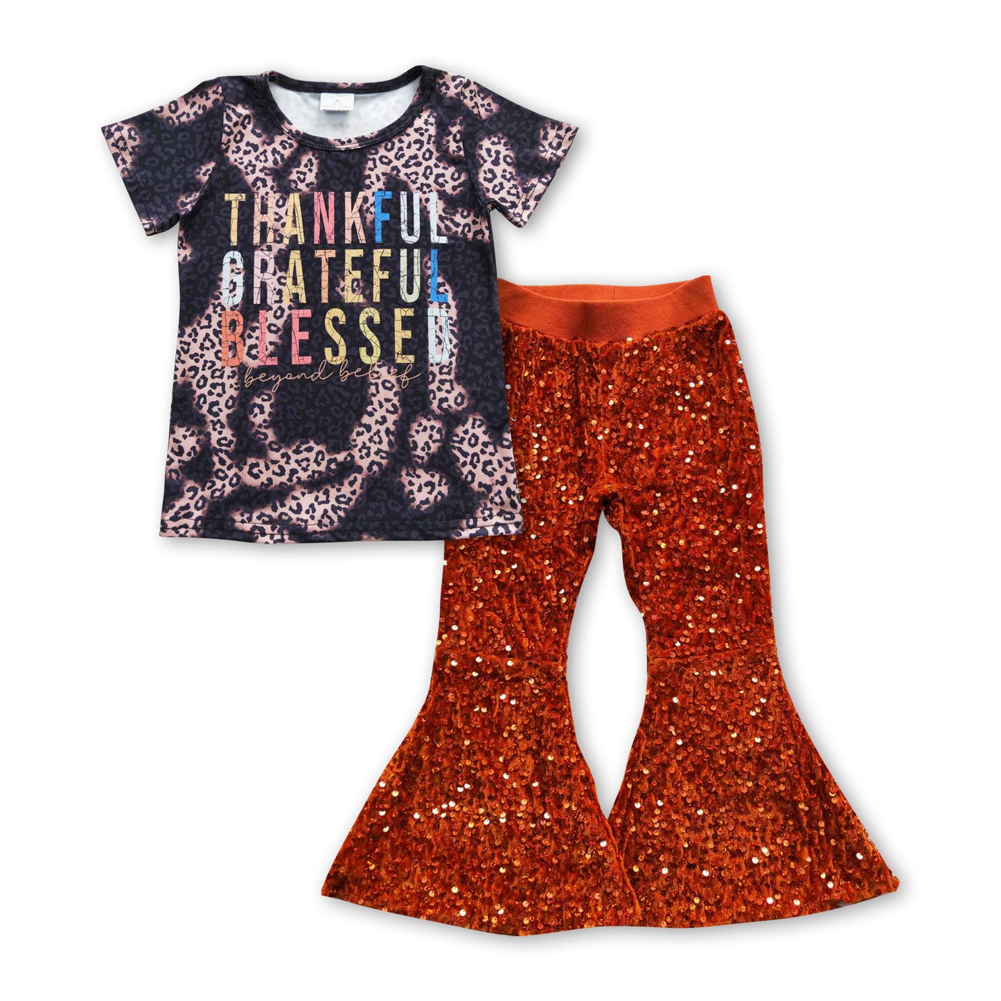 2pcs GSPO0705 Thankful Grateful Blessed Top+ Red Sequin Girls Short Sleeve Bell Bottom Pants Outfits