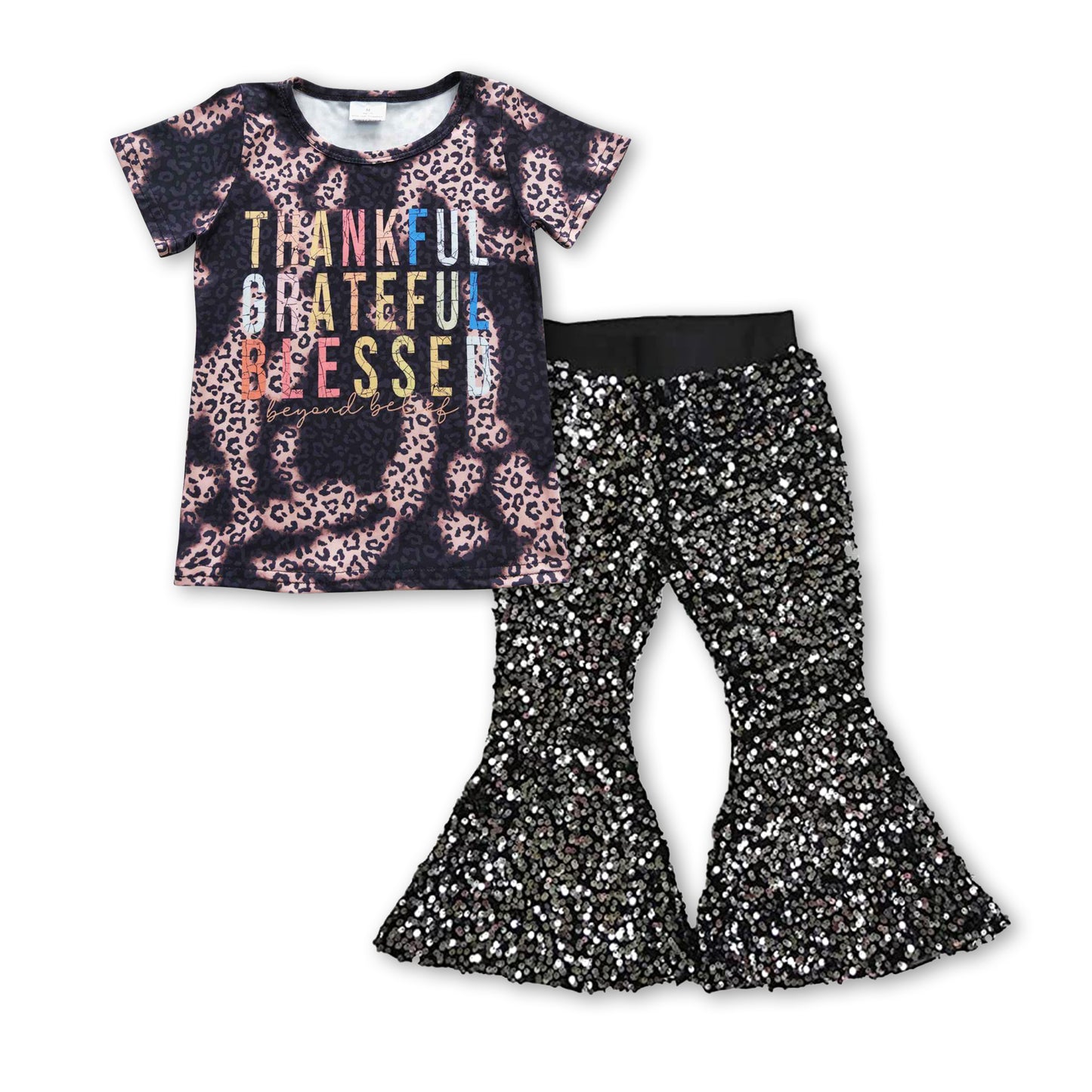 2pcs GSPO0706 Thankful Grateful Blessed Top+ Black Sequin Girls Short Sleeve Bell Bottom Pants Outfits