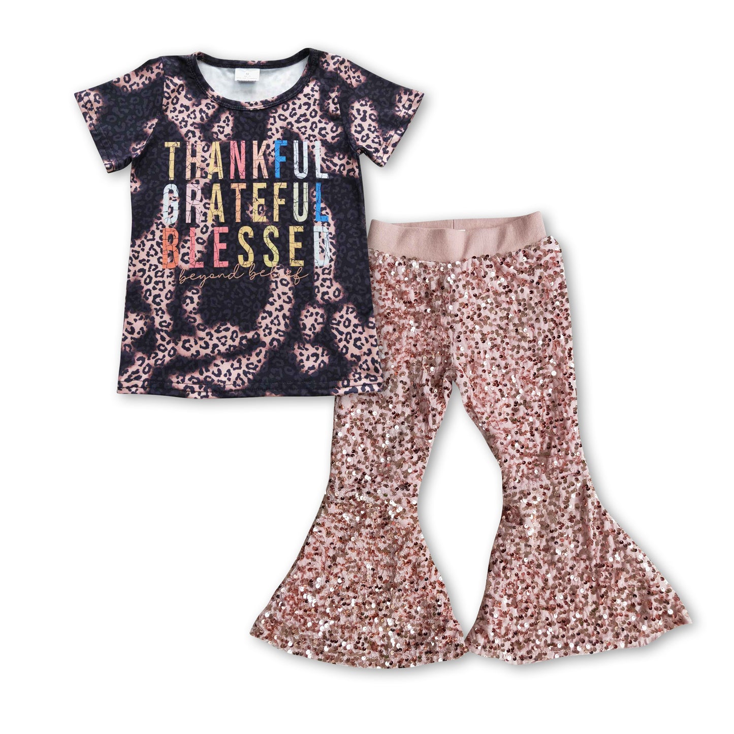 2pcs GSPO0707 Thankful Grateful Blessed Top+ Pink Sequin Girls Short Sleeve Bell Bottom Pants Outfits