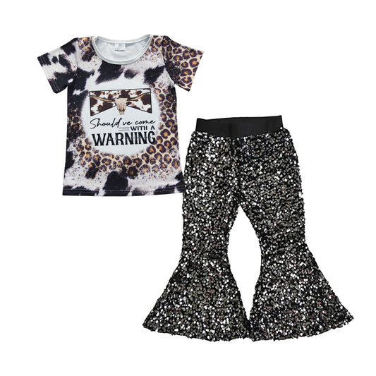 2pcs GSPO0711 Cow Leopard Warning Top+ Black Sequin Girls Short Sleeve Bell Bottom Pants Outfits