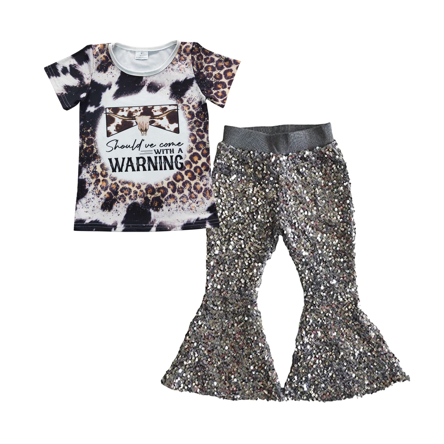 2pcs GSPO0712 Cow Leopard Warning Top+ Grey Sequin Girls Short Sleeve Bell Bottom Pants Outfits