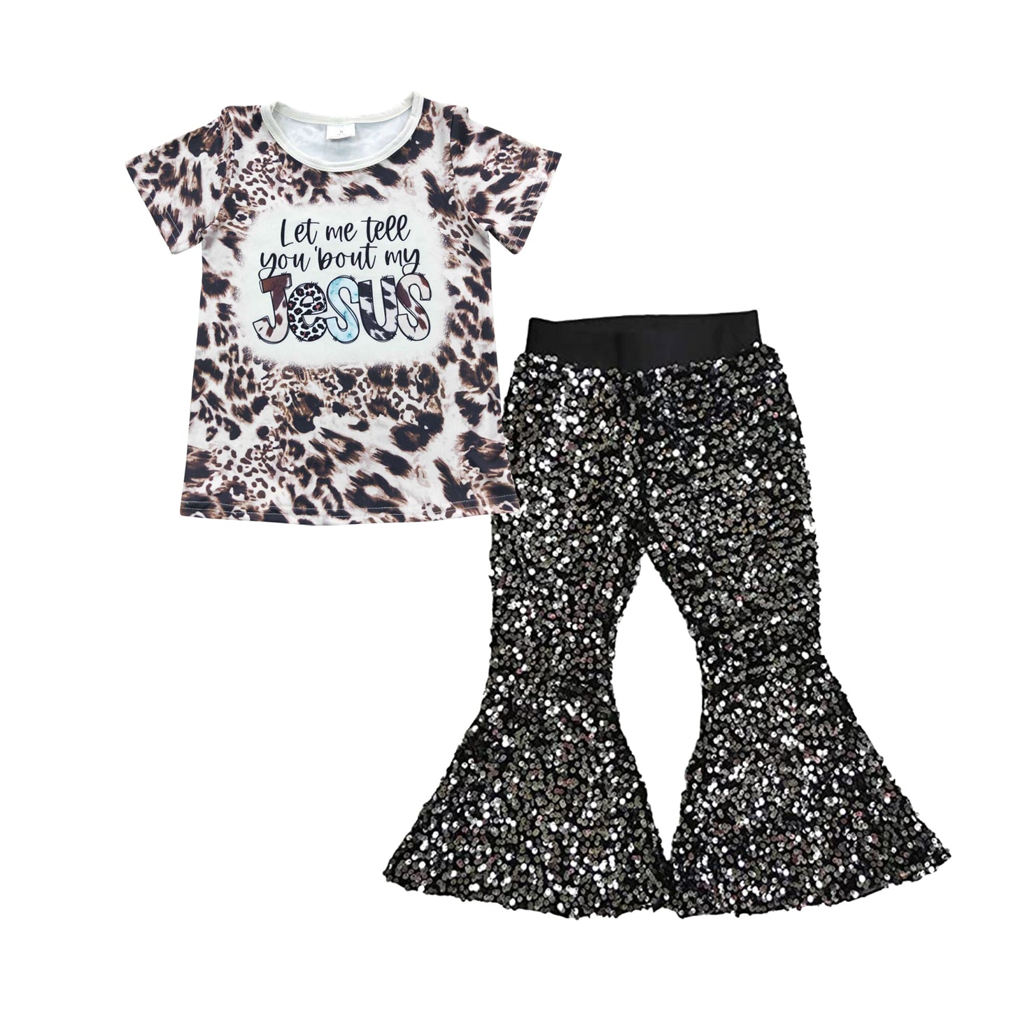 2pcs GSPO0713 Jesus Leopard  Top+ Black Sequin Girls Short Sleeve Bell Bottom Pants Outfits