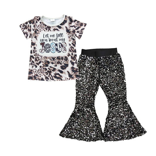 2pcs GSPO0713 Jesus Leopard  Top+ Black Sequin Girls Short Sleeve Bell Bottom Pants Outfits