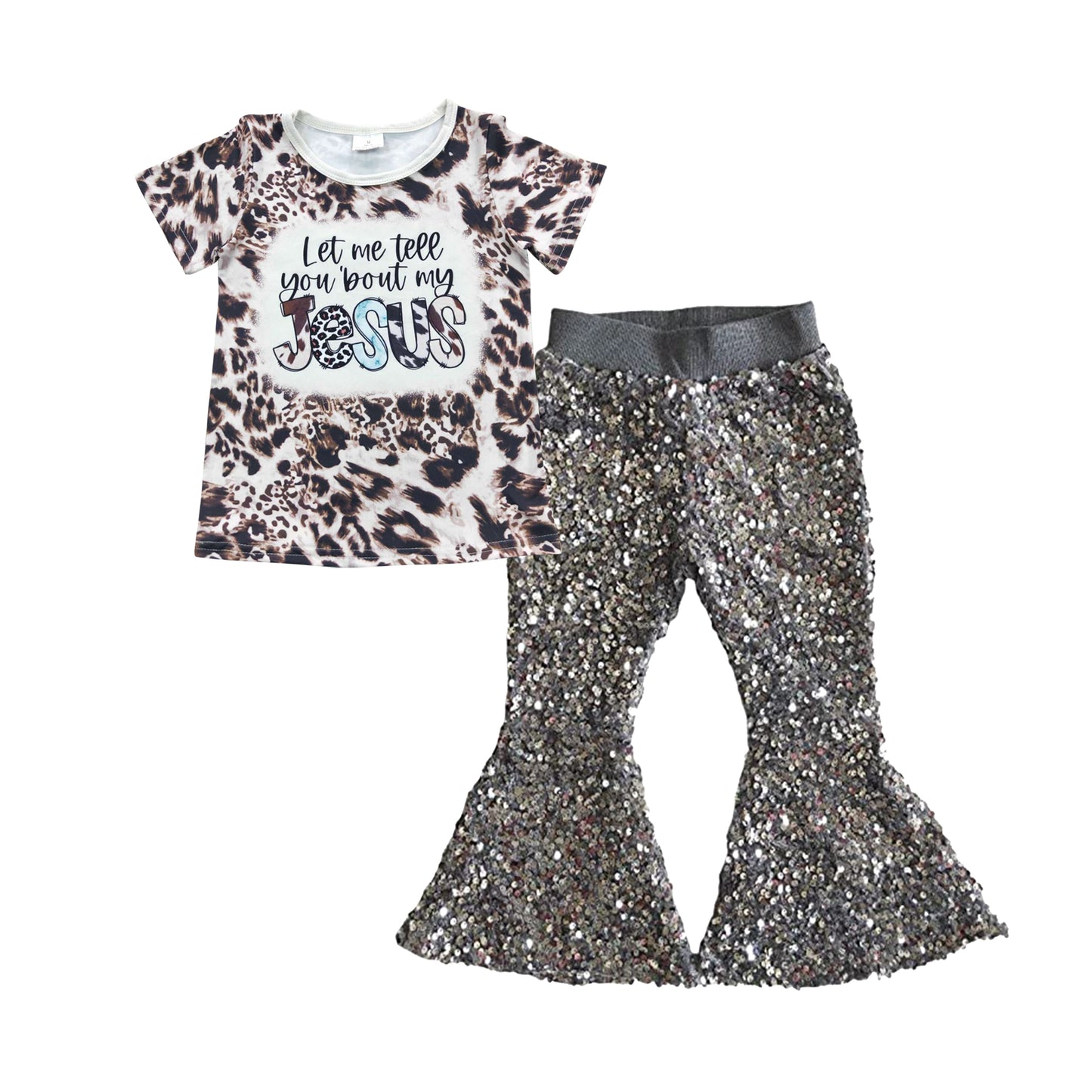 2pcs GSPO0714 Jesus Leopard  Top+ Grey Sequin Girls Short Sleeve Bell Bottom Pants Outfits