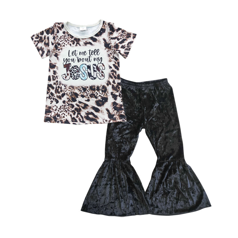 GSPO0716 2Pcs Leopard Jesus Top + Black Velvet Girls Short Sleeve Pants Outfits