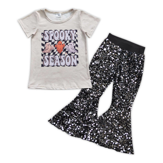 2pcs GSPO0873 Halloween Spooky Top+ Black Sequin Girls Short Sleeve Bell Bottom Pants Outfits