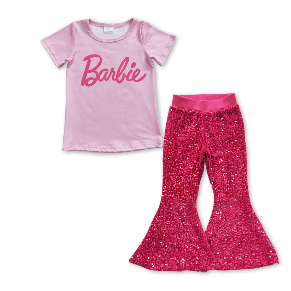 2pcs GSPO0950 B Cartoon Pink Sequin Girls Short Sleeve Bell Bottom Pants Outfits