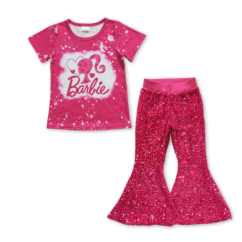 2pcs GSPO0951 B Cartoon Pink Sequin Girls Short Sleeve Bell Bottom Pants Outfits