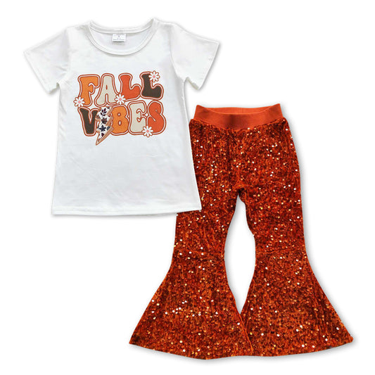 2pcs GSPO0955 Fall Vibes Red Sequin Girls Short Sleeve Bell Bottom Pants Outfits