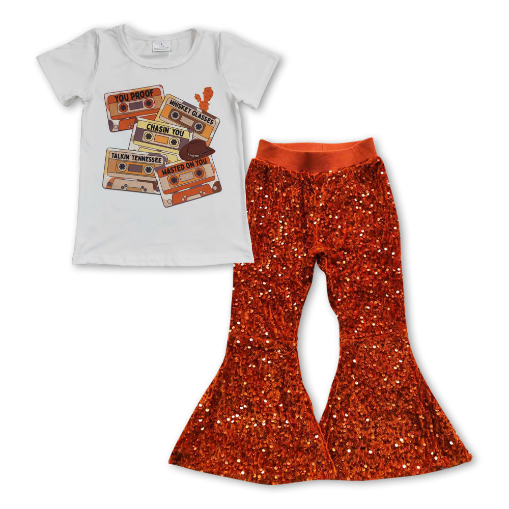 2pcs GSPO0956 Guitar Vibes Red Sequin Girls Short Sleeve Bell Bottom Pants Outfits