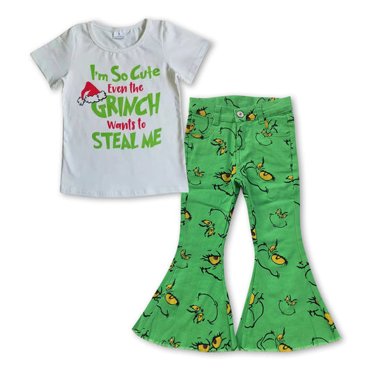 GSPO0958 2Pcs Christmas Red Green Cartoon Denim Boys Short Sleeve Bell Bottom Pants Outfits