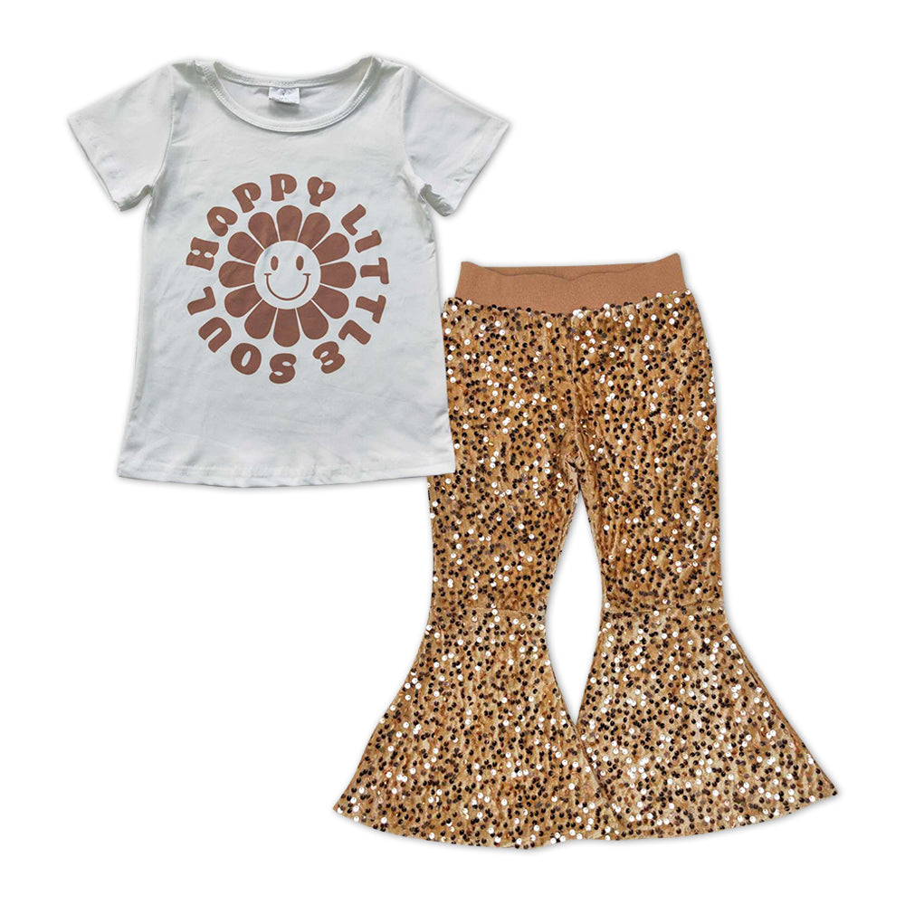 2pcs GSPO0995 Happy Little Soul  Golden Yellow Sequin Girls Short Sleeve Bell Bottom Pants Outfits