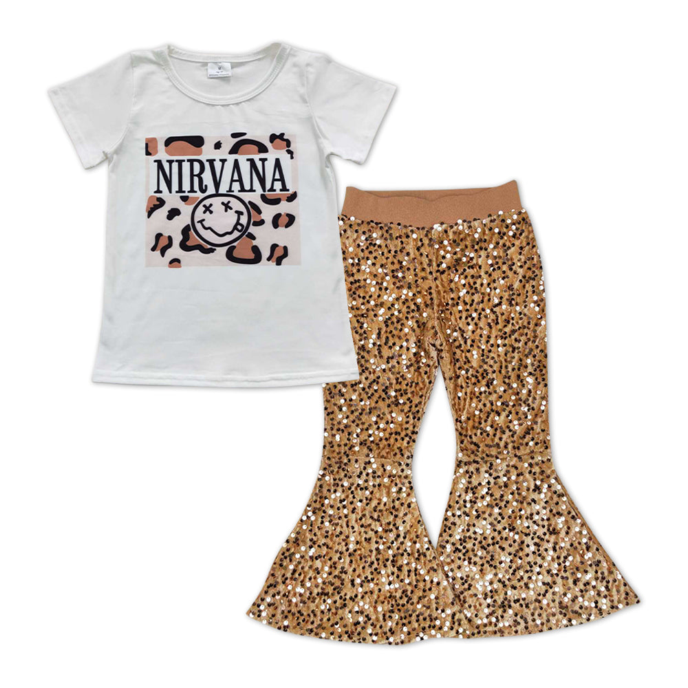 2pcs GSPO0996 Leopard  Golden Yellow Sequin Girls Short Sleeve Bell Bottom Pants Outfits