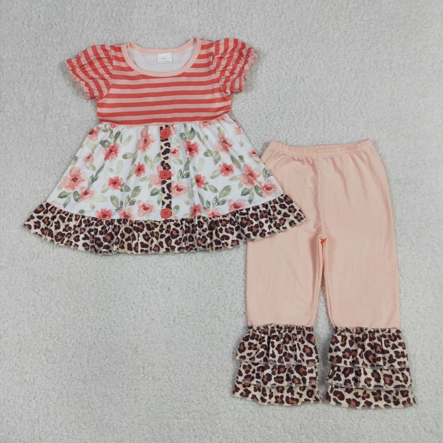 GSPO1044 Flower Leopard Ruffle Stripe Pink Short Sleeve Pants Girls Sets 202604 RTS
