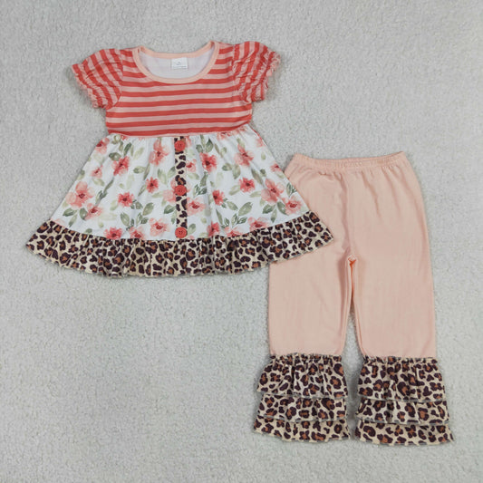GSPO1044 Flower Leopard Ruffle Stripe Pink Short Sleeve Pants Girls Sets 202604 RTS