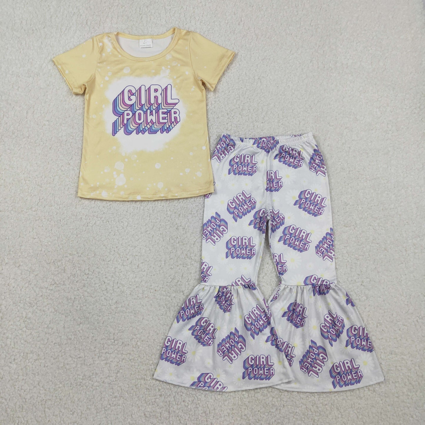 GSPO1092 Girl Power Letter Flower Yellow Short Sleeve Bell Bottom Pants Girls Sets 202601 RTS