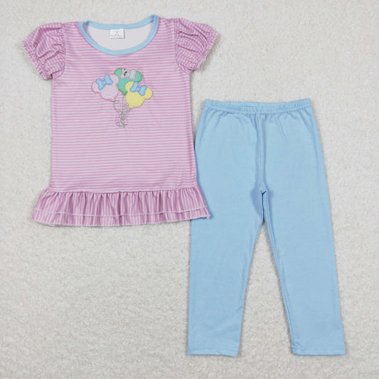 GSPO1104 Embroidered Mickey Mouse Cartoon Outfit Light Purple short sleeve top Sky Blue pants Girls boutique outfit 202501