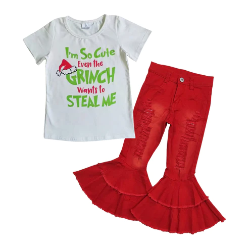 GSPO1107   2Pcs Christmas Green Red Cartoon Denim Girls Short Sleeve Bell Bottom Pants Outfits