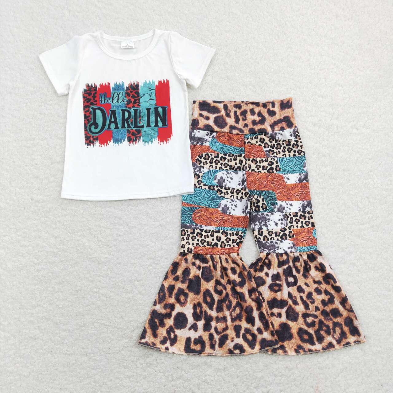 GSPO1160 hello darlin Letter White Short-Sleeved Leopard Bell Bottom Pants Girls Outfits RTS 202507
