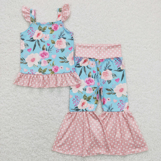GSPO1163 Flower Pink Dots Flying Sleeve Bell Bottom Pants Girls Outfits RTS 202508