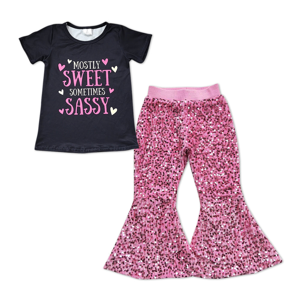 GSPO1178 2pcs Sweet Sassy pink Sequin Girls Short Sleeve Bell Bottom Pants Outfits