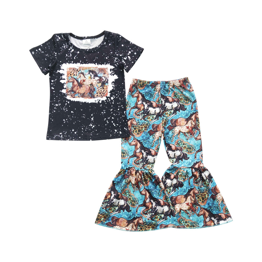 GSPO1199 Western Rodeo Fashion Black Dot horse print short sleeve top bell bottom pants summer clothes girls boutique outfit 202502 RTS