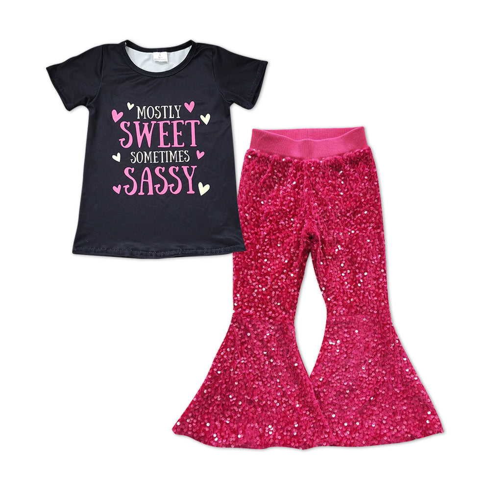 GSPO1235  2pcs Sweet Sassy pink Sequin Girls Short Sleeve Bell Bottom Pants Outfits