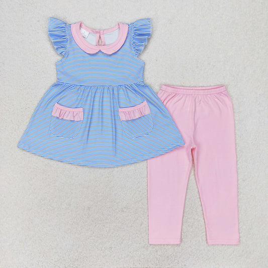 GSPO1241 Blue striped pink lace doll collar flying sleeve pantsuit little girls summer clothing sets
