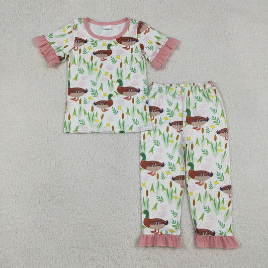 GSPO1252 Ducks Flower Pink Ruffle Short Sleeve Pants Girls Pajama Set 202512 RTS