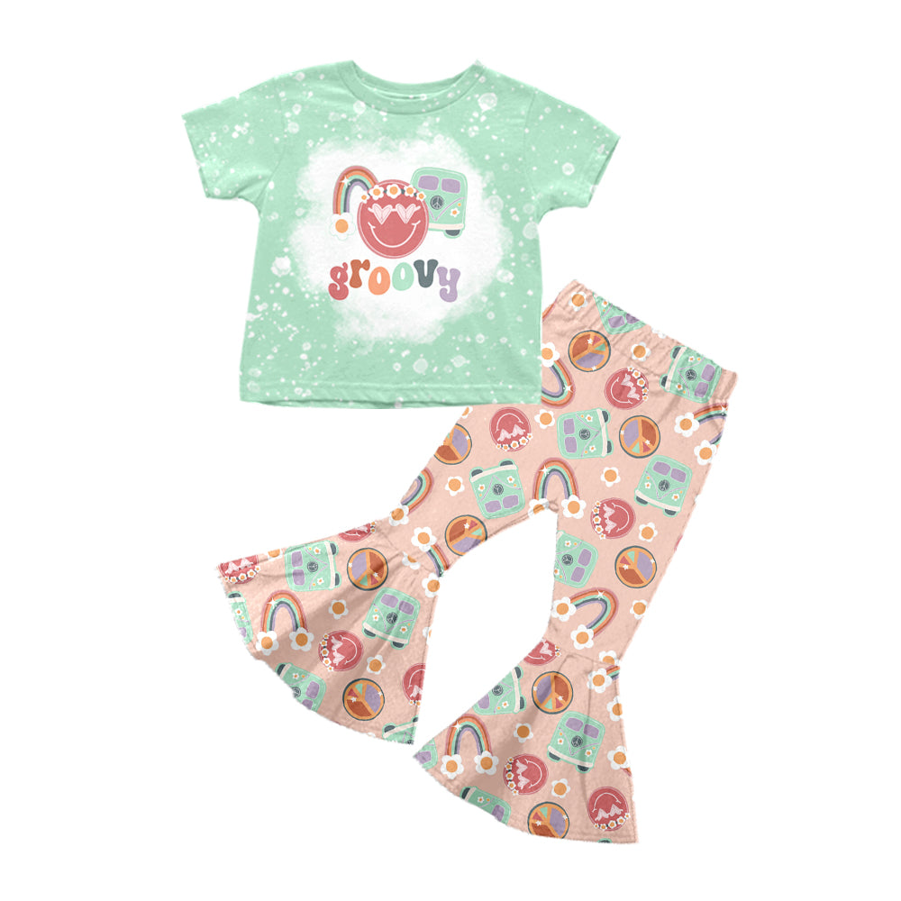 preorder GSPO1254 Green Groovy love Girls Short Sleeve Pants Outfits