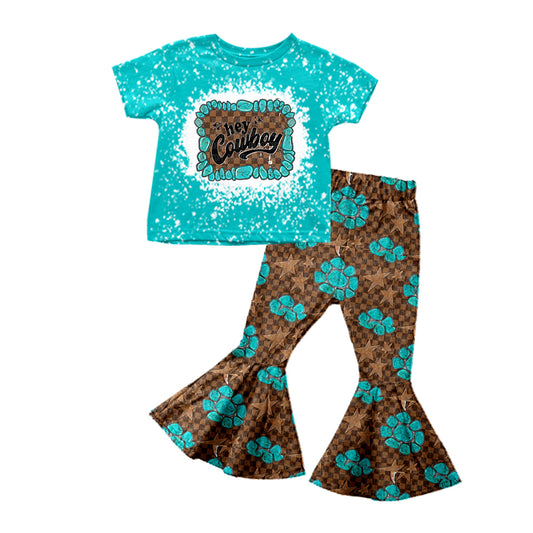 preorder GSPO1255 Blue Leopard Cowboy Girls Short Sleeve Pants Outfits