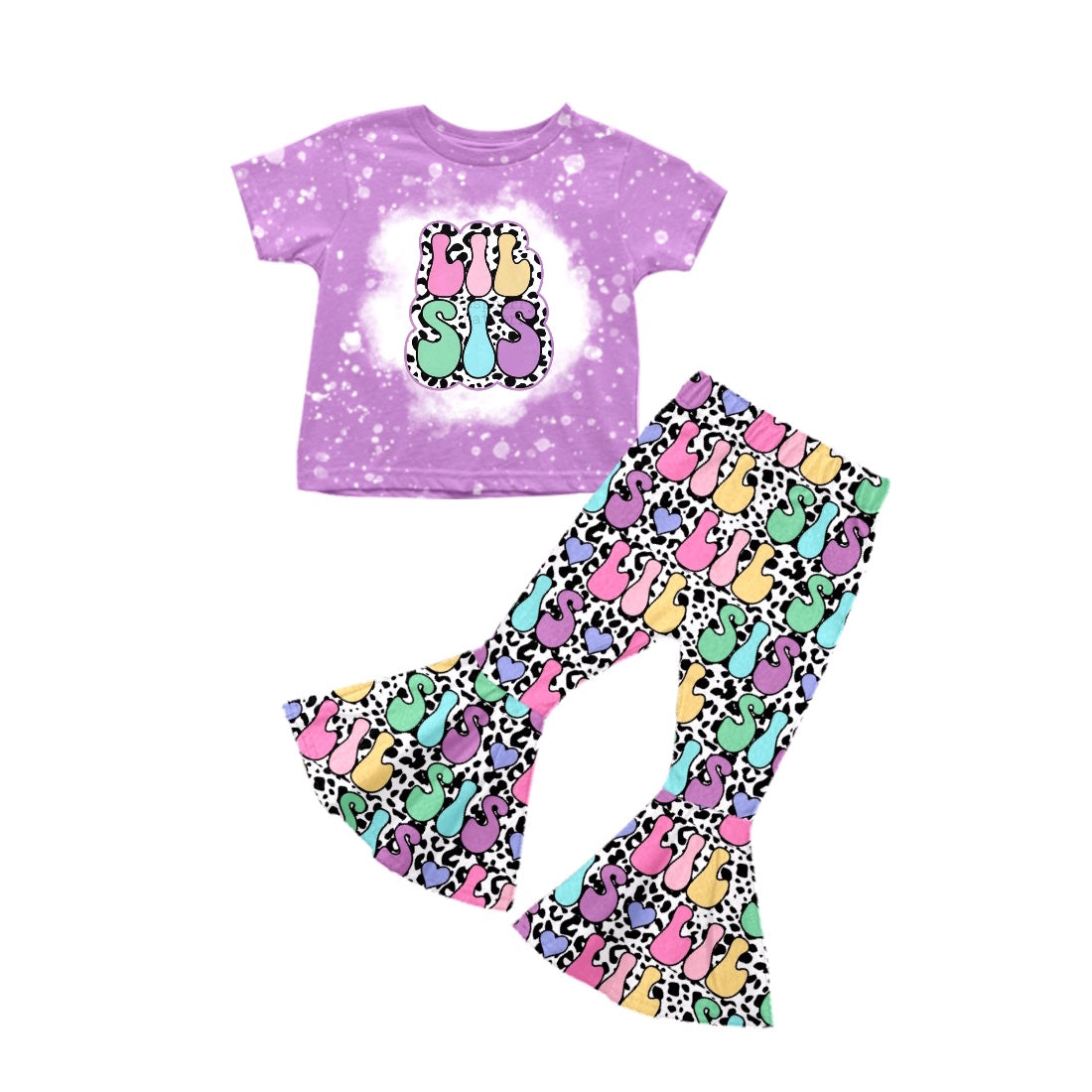 preorder GSPO1260 Lil Sis Purple Leopard Girls Short Sleeve Pants Outfits