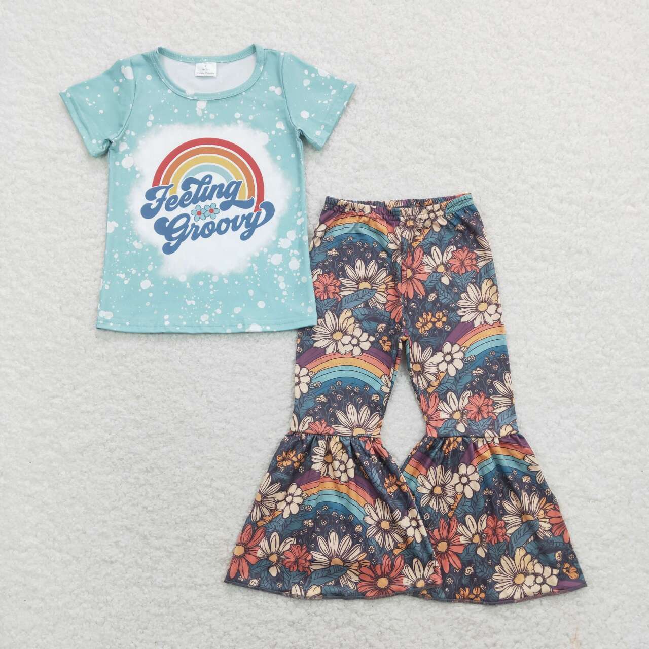 GSPO1270 feeling groovy Letter Rainbow Flower Blue Short-Sleeved Bell Bottom Pants Girls Outfits RTS 202507